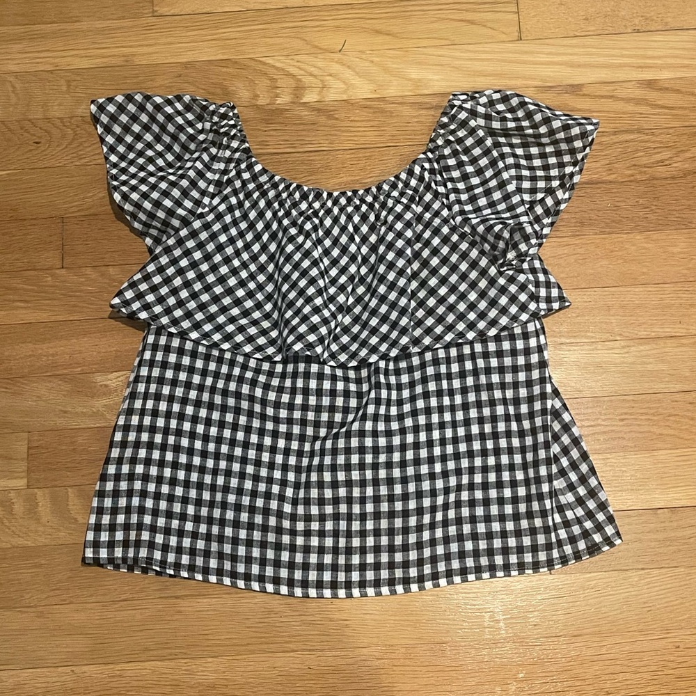 Saks Fifth Ave Off-shoulder linen gingham top.